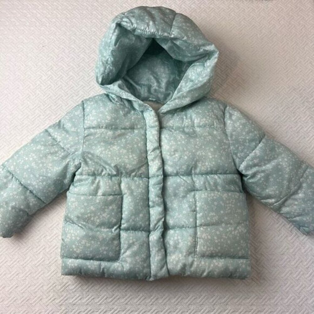 Mango Baby Girl 12-18M Blue Floral Puffer Jacket Hooded Snow Ski Coat
